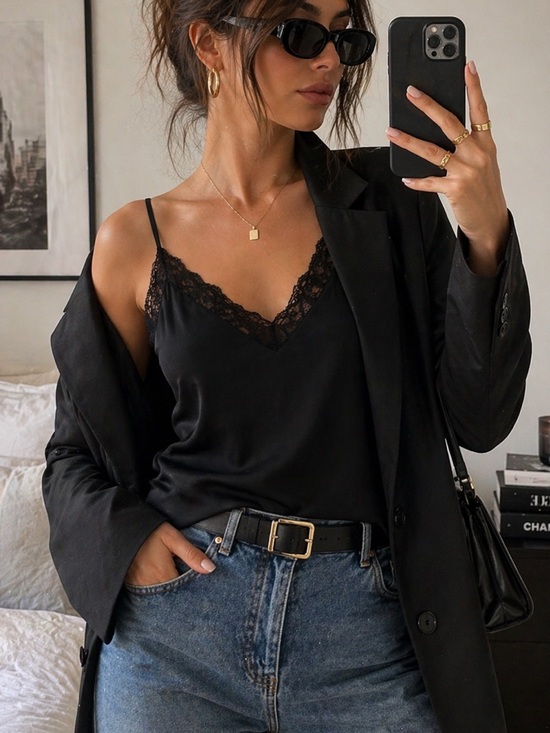 Zara Tops - ZARA Lace Trim Cami – Black Satin Slip Tank Minimal Chic Size S
